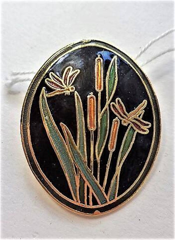 FISH broche Lisdodden en libellen, cloisonné emaille (7180-3010)
