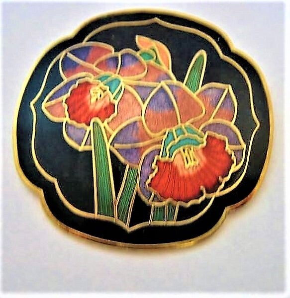 Prachtige vintage cloisonné broche Narcissen Zwaar verguld (7193-3031)