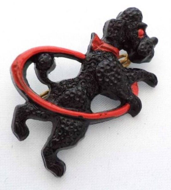 Zeldzame vintage jaren '50 Poedel celluloid broche, Hoelahoep (7207-3737)