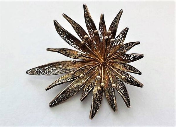 Grote zilveren filigrain bloem broche met meeldraden (7219-3404)