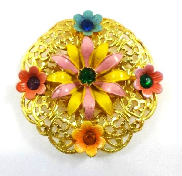 Art deco Tsjechische broche met emaille bloemen en strass (7221-3608)
