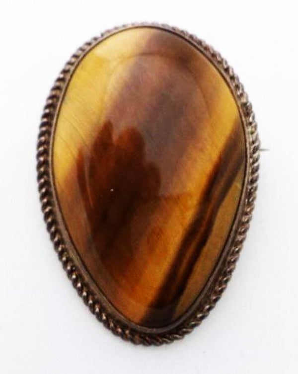 Prachtige zilveren art deco broche met grote tijgeroog (7234-3555)