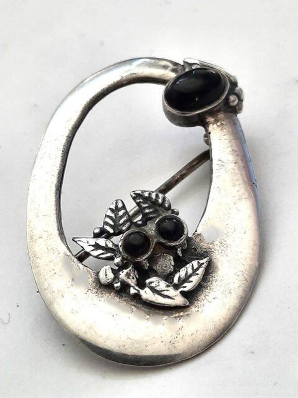 Elegante vintage zilveren broche met onyxen (7250-3458)