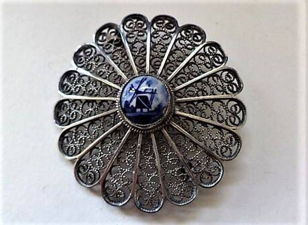 Grote antieke filigrain zilveren Delfts Blauwe broche (7251-3433)