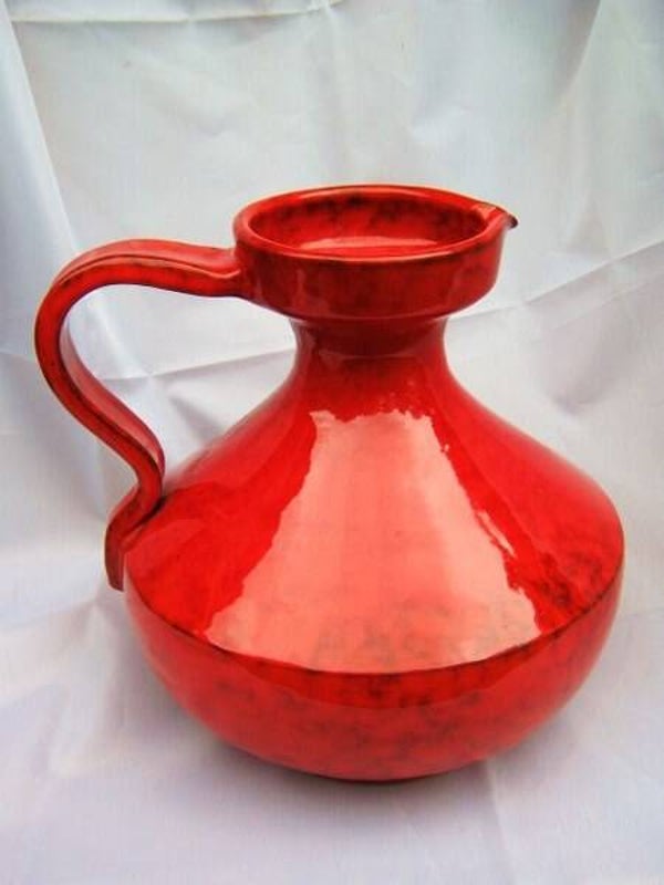 Prachtige rode vintage keramische Kan Vaas met Oor, Mid-Century (7321)