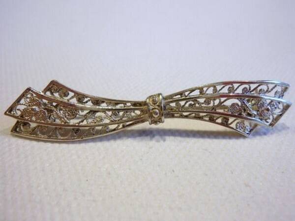Prachtige antieke filigrain zilveren strik broche (7375-3891