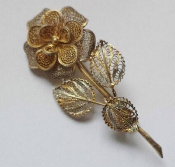 Antieke zilveren filigrain bloem broche, vermeil (7391-3973)