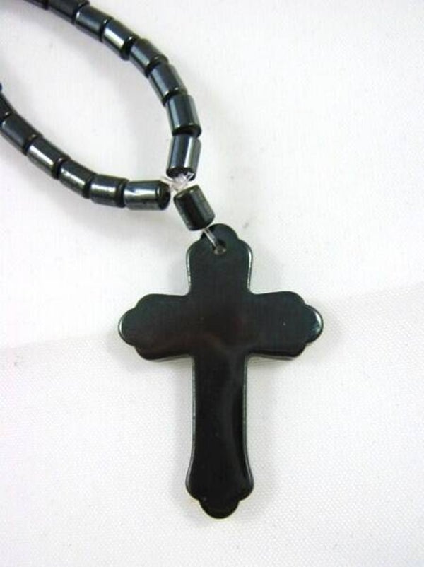 Zware Hematiet ketting met kruis (6917-74)