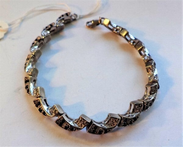 Prachtige zilveren armband, zwart & helder strass 925 (7432-537)