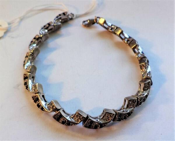 Prachtige zilveren armband, zwart & helder strass 925 (7432-537)