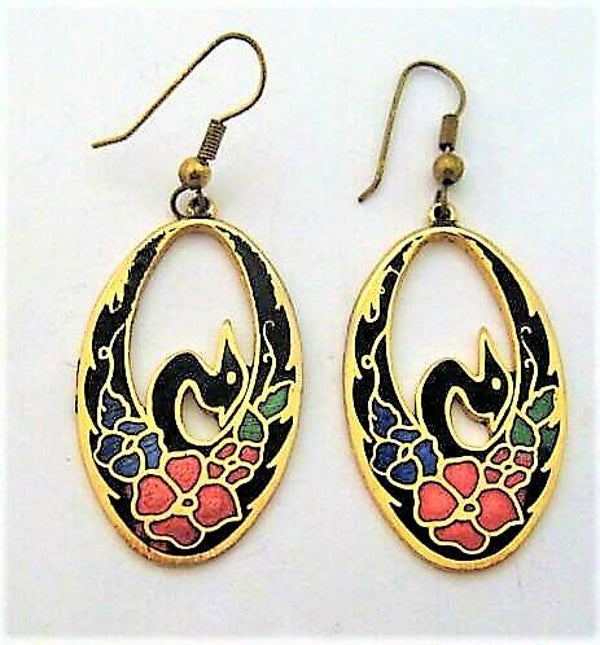 Oorbellen zwarte zwaan, FISH cloisonné emaille 22 kt verguld (7466-1023)