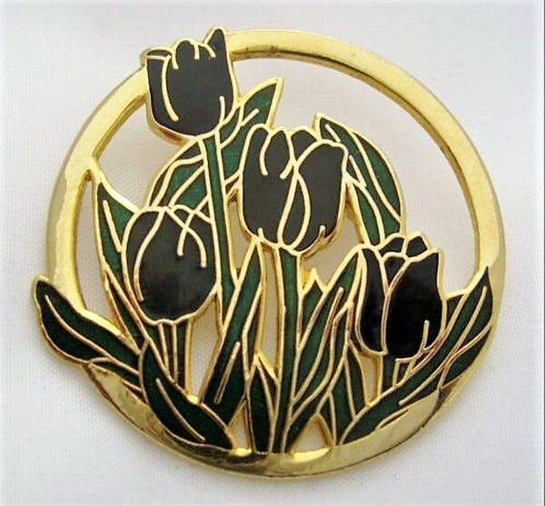 FISH Vintage broche Zwarte tulpen cloisonné emaille 22 kt verguld (7479-4117)