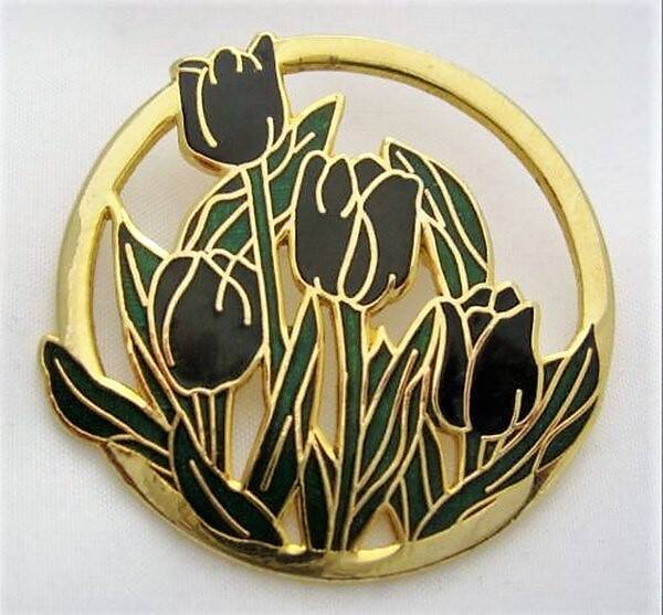FISH Vintage broche Zwarte tulpen cloisonné emaille 22 kt verguld (7479-4117)