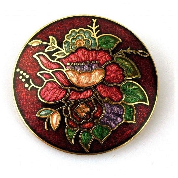 Prachtige cloisonné broche met rode en purper bloemen (7479-4122)