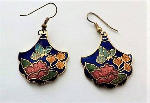 Prachtige cloisonne oorbellen bloemen met vlinder (7484-1026)