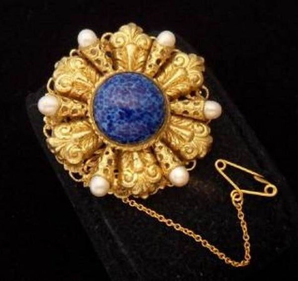 Beeldschone antieke Tsjechische broche, parels, blauwe steen (7525-4224)