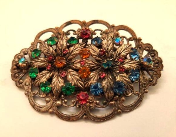 Prachtige grote antieke Tsjechische broche met bloemen en gekleurde strass (7526-4320)