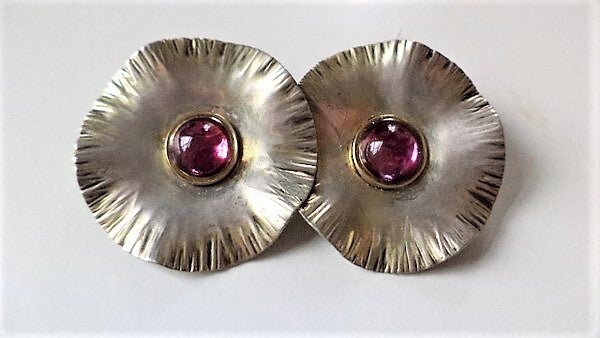 Antiek zilveren broche twee schaaltjes met roze steen 800 Kroon Halve maan