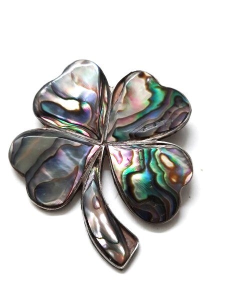 Mooie zilveren Mexico broche Klavertje vier met abalone (7545)