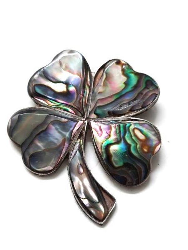 Mooie zilveren Mexico broche Klavertje vier met abalone (7545)