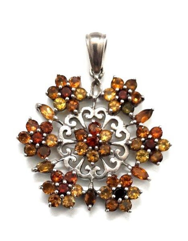 Zilveren Bloem Hanger / Mandala met Edelstenen (7545)