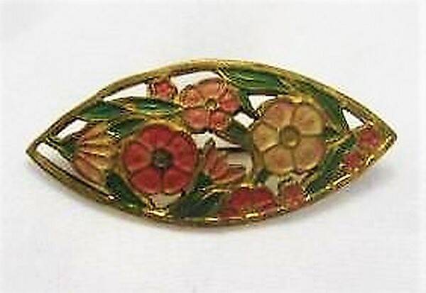Antieke Art Deco cloisonné broche, emaille bloemen (7556-4299)