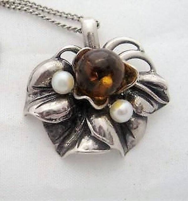 Stijlvolle zilveren Bloemenhanger (925) - Barnsteen & Parels & ketting (7711-970)