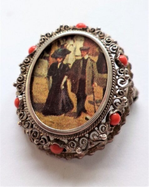 Prachtige antieke filigrain zilveren broche / hanger met een oude foto en koraalkleurige stenen (7720-4462)