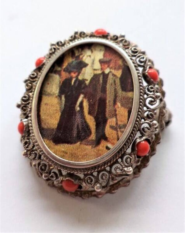 Prachtige antieke filigrain zilveren broche / hanger met een oude foto en koraalkleurige stenen (7720-4462)