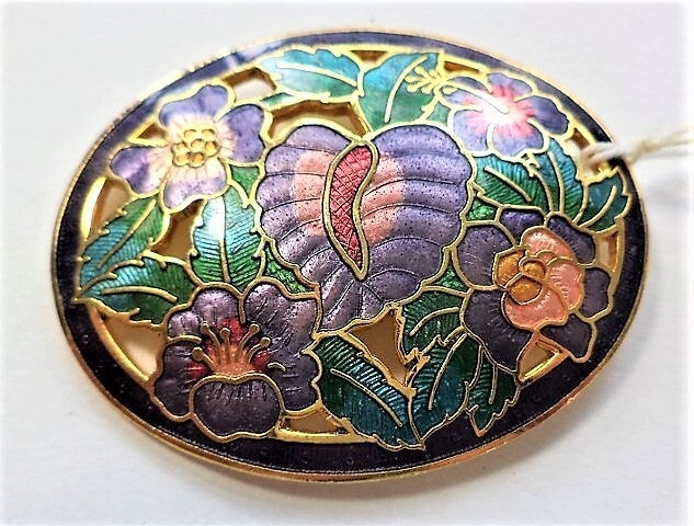 FISH grote ovale cloisonne broche, purperen bloemen, 22 kt (7797-4541)