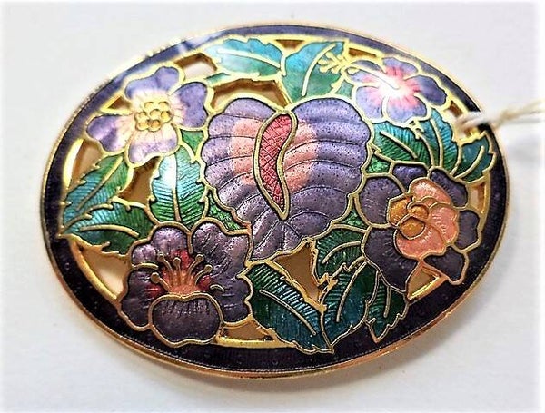 FISH grote ovale cloisonne broche, purperen bloemen, 22 kt (7797-4541)