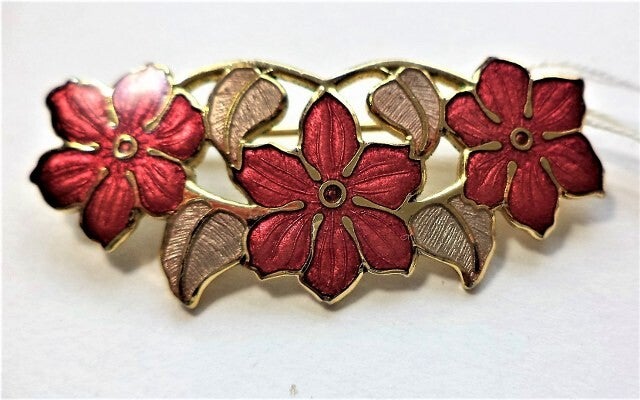 FISH Prachtige vintage cloisonne broche met rode bloemen, 22 kt (7878-4631)