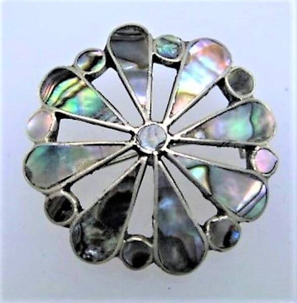 Opengewerkt abalone broche, alpacca, Mexico (7879-4620)