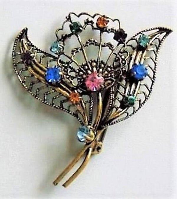 Verfijnde antieke Tsjechische filigrain broche bloemtakje met strass (7900-4701)