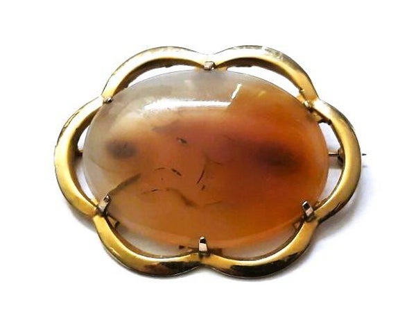 Stijlvolle vintage broche met grote geaderde agaat (7909-4812)