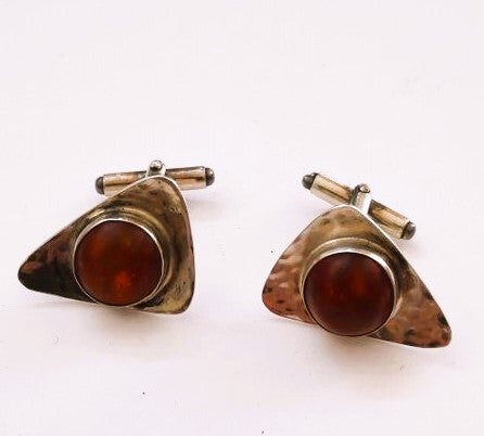 Unieke vergulde zilveren Manchetknopen met barnsteen – Handgehamerd 800 (7919)