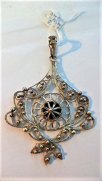 Grote antieke filigrain zilveren hanger met onyx (7924-5292)