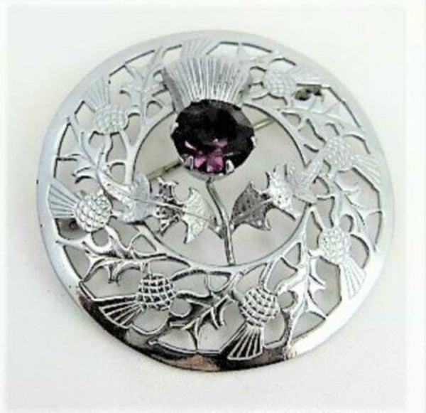 MIZPAH Vintage Schotse broche Distels met Paarse steen (7941)