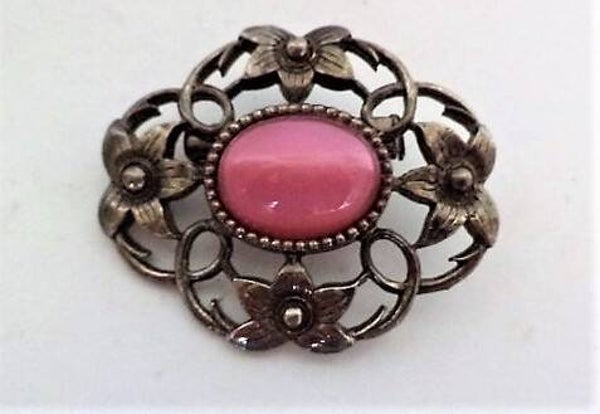 Schotse broche roze middensteen rand bloemen (7941-5438)