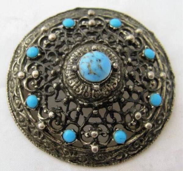 Grote vintage Schild broche Handwerk tin met Turkoois (7941-5465)