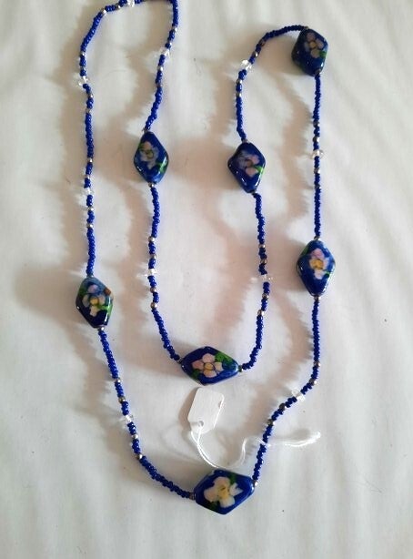 Nieuwe lange ketting Kobaltblauw met Luxe Lampwork kralen (7949)