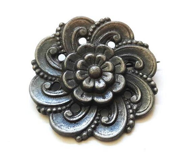 Grote Antieke Tinnen Bloem Broche Art Deco (7954)