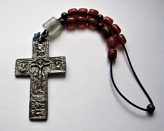 Zeldzame grote Ierse 'Penal' Rozenkrans, rode kralen, groot metalen kruis (8043)