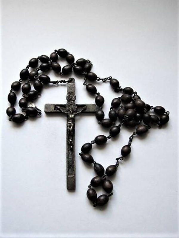 Antieke Kloosterrozenkrans, groot messing kruis, 80 cm (8043-106)