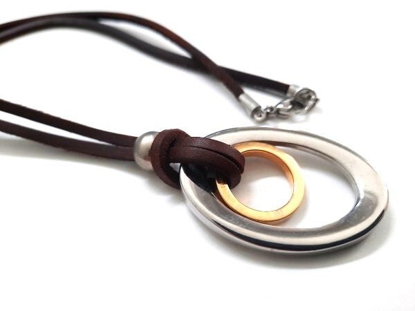 Stoere RVS Uniseks hanger, zilveren & gouden ring op leer (8046)