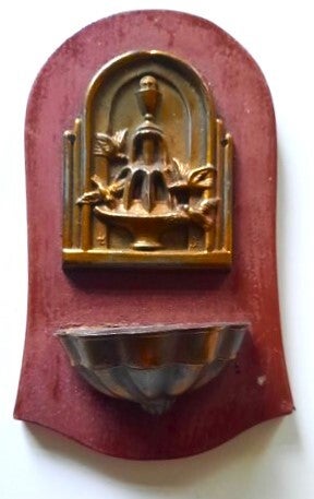 Antiek Wijwaterbakje in Art Deco Stijl, Koper & Hout