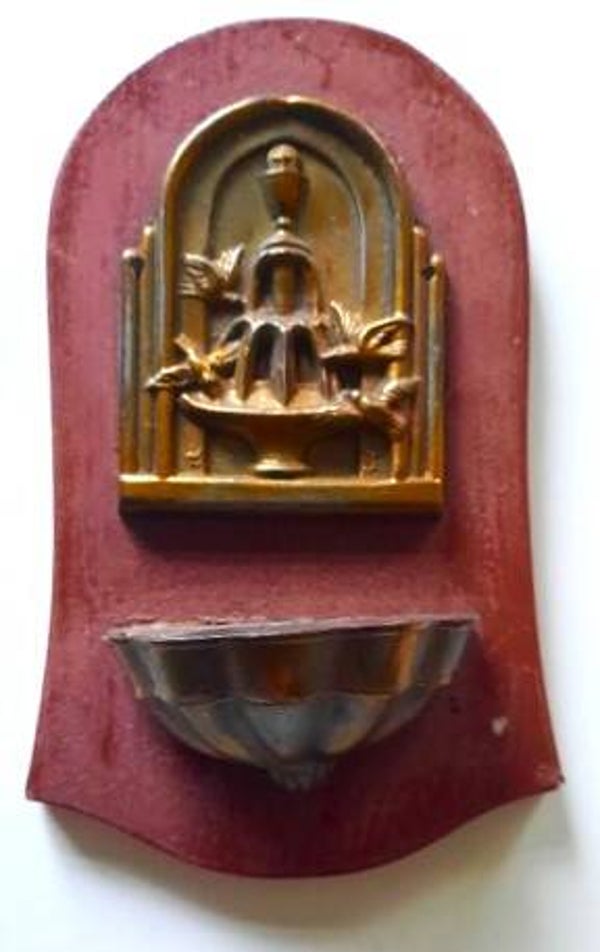 Antiek Wijwaterbakje in Art Deco Stijl, Koper & Hout