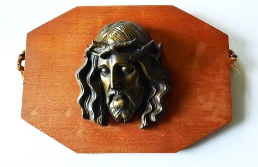 Vintage Wandbord Jezus met Doornenkroon, bronslook op hout