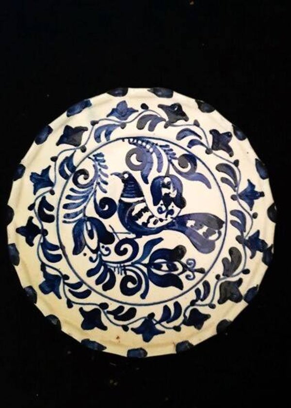 Antiek Korond keramiek bord – Blauw/wit met vogelmotief (96)