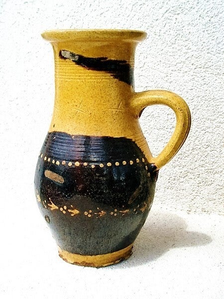 Prachtige antieke rustieke kan uit Hongarije – Geel-Bruin Glazuur (A9))